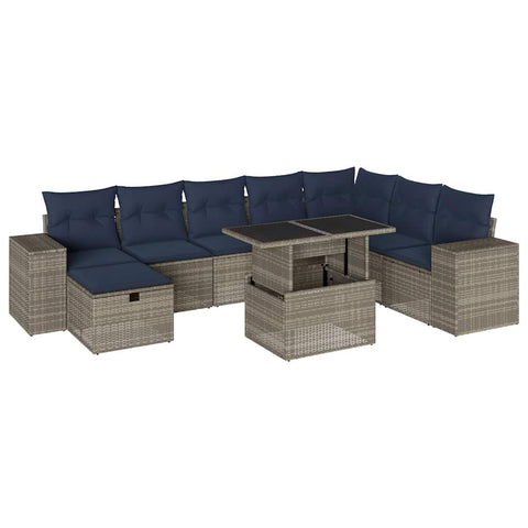 vidaXL Patio Sofa Set with Cushions 9 Piece, Lounge Set with Table and Garden Stool, Sectional Sofa for Terrace Backyard, Modern, Gray Poly Rattan