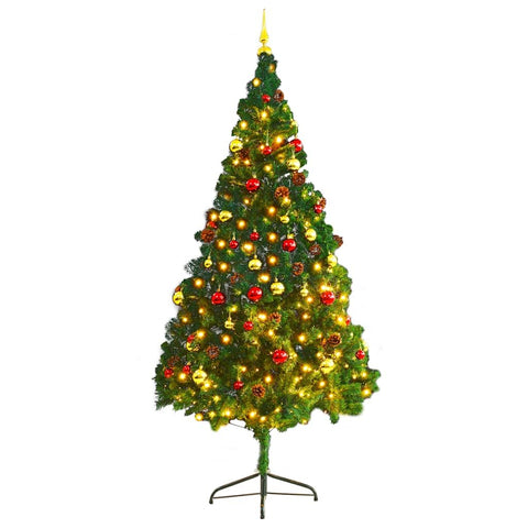 vidaXL Pre-Decorated Artificial Christmas Tree - 7ft, PVC, Indoor/Outdoor, LED Lighting, USB Powered, Weather Resistant, Green, with Red and Gold Baubles.