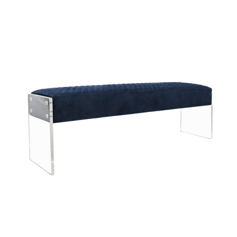 Pasargad Home Tribecca Clear Acrylic Base 3-Seater Bench with Velvet Upholstery in Navy, W59