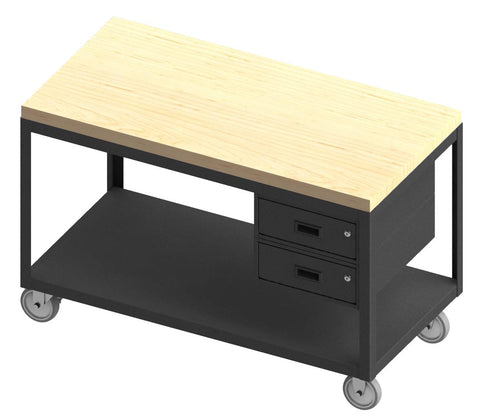 High Deck Mobile Table 14 Gauge Steel 2 Shelves 24 x 48 1200 lbs. Capacity Maple Top (2) Drawers 5 Inch x 1-1/4 Inch Polyurethane Casters - (2) Rigid (2) Swivel with Side Brakes Gray