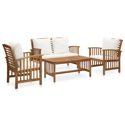 vidaXL Patio Lounge Set with Cushions - 4 Piece Solid Acacia Wood Construction - Includes Bench, 2 Chairs, and Coffee Table - Vintage Design - Size and Measurements Provided