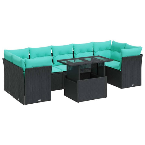 vidaXL 8 Piece Patio Sofa Set with Cushions Black Poly Rattan Acacia, Garden Sofa Set, Garden Lounge Set, Poly Rattan Sofa Set, Outdoor Sofa Set