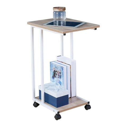 JJS Side End C Table for Sofa, Living Room Couch Table Snack Table That Slide Under for Small Spaces, Oak/White