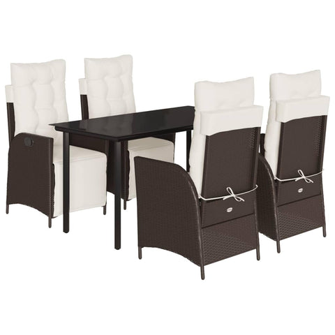 vidaXL 5 Piece Patio Dining Set - Adjustable Reclining Poly Rattan Chairs, Glass Tabletop, Brown/Black & Cushions