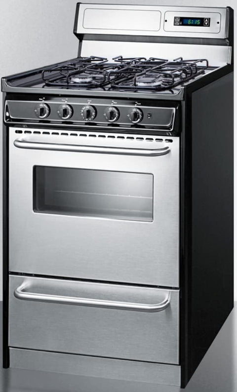 Summit Appliance TTM1307BKSW 20" Wide Gas Range in Stainless Steel with Sealed Burners, High Backguard, Clock/Timer, Oven Window, Towel Bar Handles and Electronic Ignition