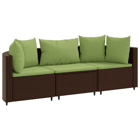 vidaXL 3 Piece Patio Sofa Set with Cushions - Brown PE Rattan, Modular Outdoor Sectional, Powder-Coated Steel Frame, Comfortable with Green Cushions, Ideal for Garden/Deck/Terrace