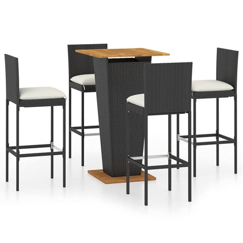 vidaXL 3 Piece Patio Bar Set with Cushions - Poly Rattan Black - Powder-Coated Steel Frame and Solid Acacia Wood - Outdoor Furniture for Garden, Deck, Backyard