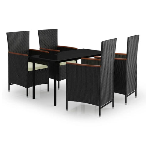 vidaXL 5 Piece Garden Dining Set with Cushions | Black and Cream White Weather Resistant Rattan Outdoor Furniture for 4 Rectangular Table Comfortable Chairs Patio Balcony Modern Seater