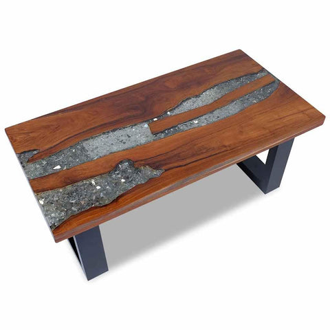 vidaXL Coffee Table with Resin Inlay, Rectangular Center Table with Lacquer Finish for Living Room, Fully Handmade, 39.4''x19.7''x15.8'', Solid Teak Wood, Multicolor