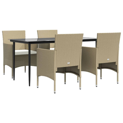 vidaXL 5 Piece Patio Dining Set with Cushions - Modern Outdoor Furniture Set in Black and Beige with Tempered Glass Top Table & Comfort Design Chairs