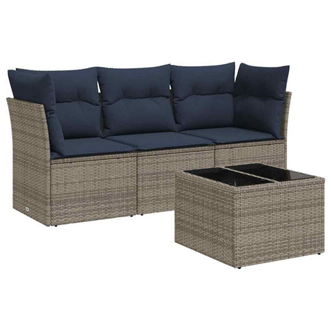 vidaXL Patio Sofa Set with Cushions 4 Piece, Sectional Sofa with Glass Table, Outdoor Conversation Set, Modern Style, Gray Poly Rattan