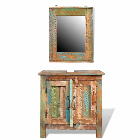 vidaXL Bathroom Vanity Cabinet with Mirror, Wooden Bathroom Furniture Set, Bathroom Cabinet with 2 Shelves, 23.6" Width, Reclaimed Solid Wood