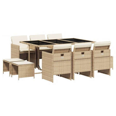 vidaXL 11 Piece Patio Dining Set â€“ Beige Poly Rattan, Cushions Included, Space-Saving Storage, Tempered Glass Table for Outdoor/Backyard/Patio