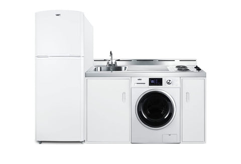 All-in-one combination kitchenette with full-sized refrigerator-freezer 115V combo washer/dryer sink storage cabinet and 2-burner coil cooktop