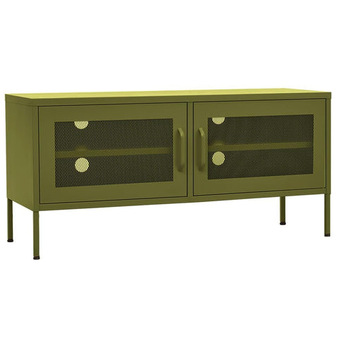 vidaXL Steel TV Stand with Adjustable Levelers, Olive Green, 41.3"x13.8"x19.7", Industrial Cable-Management TV Cabinet with Mesh Doors and Interior Shelve