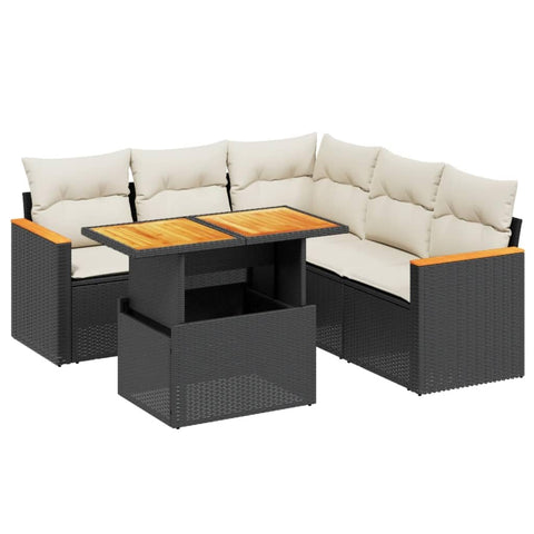 vidaXL 6 Piece Modular Garden Sofa Set with Cushions Black and Cream UV Resistant Outdoor Furniture Comfortable Seating for Patio Balcony Conversation Sectional Poly Rattan Lounge Contemporary