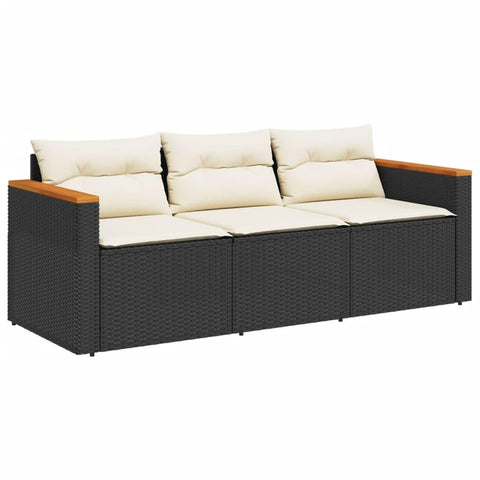 vidaXL Patio Sofa with Cushions - 3-Seater Outdoor Sofa, Black PE Rattan, Acacia Wood, Comfortable Cream White Padded Cushions, UV, Removable Covers