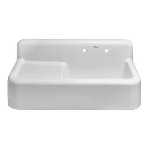 Whitehaus Collection WHQD4220-White 42" Single Bowl Fireclay Utility Above Mount Sink: Integral Drain Board, High Backsplash