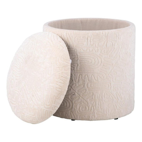 Carolina Chair & Table Handwoven Fabric Storage Ottoman with Round Wooden Base - Solid Wood Frame, Hidden Storage Pouf Stool - Compact Foot Stools for Bedrooms, Entryways, Living Rooms (Ivory Symbol)