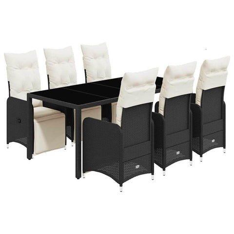 vidaXL 7 Piece Garden Bistro Set with Cushions Adjustable Reclining Chairs Black Poly Rattan Dining Outdoor Furniture for Patio Balcony and Backyard UV Resistant 6 Seater Table