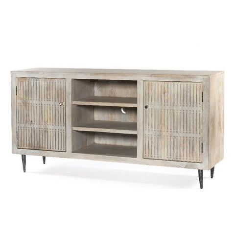 Moti Sarah 2 Door Media Cabinet Mango Solid Wood Brushed Ivory Finish on Iron Base