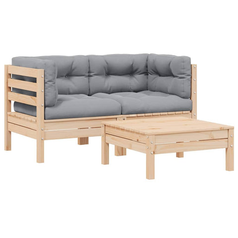 vidaXL Solid Pinewood Patio Lounge Set with Gray Cushions â€“ 3-Piece Garden Sofa & Footstool/Table for Outdoor Deck/Yard/Patio