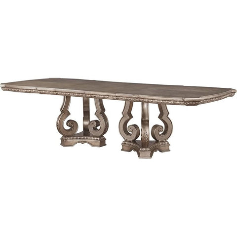 Acme Northville 112" Rectangular Wood Pedestal Dining Table in Antique Silver