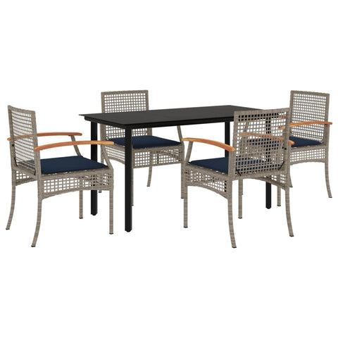vidaXL Patio Dining Set with Cushions Outdoor Furniture 5 Piece Gray Poly Rattan/Acacia Wood Table with Glass Top for Garden, Backyard, Terraces and Patios
