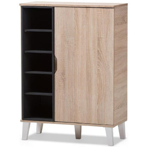 Baxton Studio Adelina Mid-Century Modern 1-door Oak and Grey Wood Shoe Cabinet