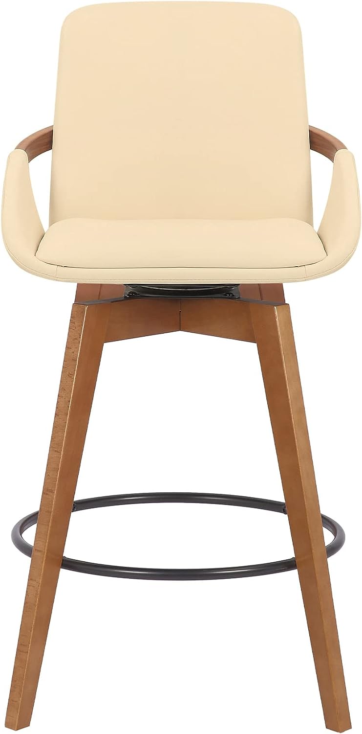 Armen Living Baylor Swivel Wood Bar or Counter Height Stool in Faux Leather, Cream/Walnut, 26" Counter Height