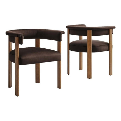Modway Imogen Stain-Resistant Performance Velvet Barrel Dining Chairs Set of 2 in Chocolate Brown, Modern Kitchen Armchairs with Open-Back - Curved Backrest Dining Chairs with Wood Legs and Armrests
