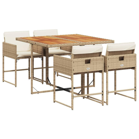 vidaXL 5 Piece Patio Dining Set - PE Rattan and Acacia Wood Table, Cushioned Chairs, Weather-Resistant, Beige and Brown, for Garden and Patio