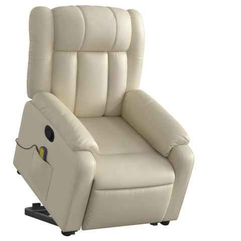 vidaXL Stand up Massage Recliner Chair - Power Lift, Cream Faux Leather, Manual Recline to 135 Degrees, Vibration Massage, Side Pocket
