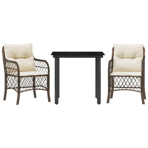 vidaXL 3 Piece Bistro Set with Cushions - Brown PE Poly Rattan Chairs, Tempered Glass Table, Comfortable Outdoor Seating for Garden, Patio, Balcony - Removable Washable Covers