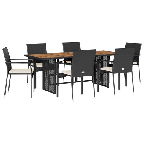 vidaXL 7 Piece Patio Dining Set - Black Poly Rattan with Cushions, Acacia Wood Tabletop, Durable Outdoor Furniture for Garden, Backyard, and Deck
