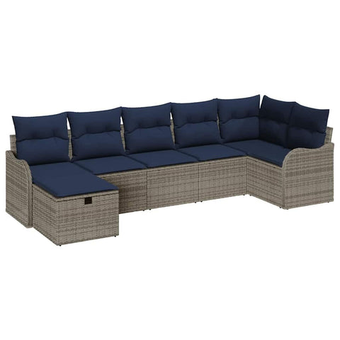 vidaXL Sofa Set with Cushion with Storage Grey and Navy Poly Rattan, Modular Sofa Set, Chic Outdoor Lounge, Weather-Resistant for Garden, Lightweight Summer Seating