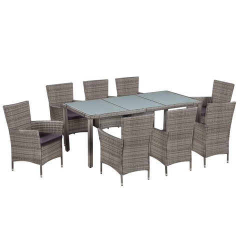 vidaXL 9-Piece Patio Dining Set – Poly Rattan Outdoor Furniture Set in Gray – Includes Cushioned Chairs and Glass Tabletop - Easy to Assemble, Low-Maintenance