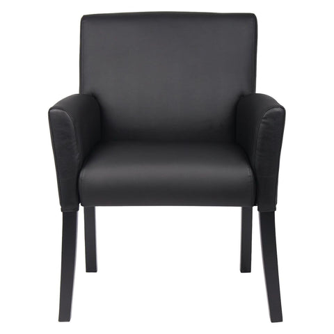 Oakestry Executive Black Box Arm Chair Mahogany Frame Upholstered Vinyl Seat Back Comfortable Reception Lounge Office Guest Seating Stylish Compact Professional Design, 25.5" D x 24.5" W x 35.5" H