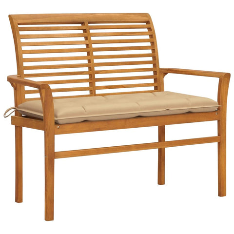 vidaXL 44.1" Patio Bench with Cushion - Durable Solid Teak Wood Garden Bench with Comfortable Beige Fabric Cushion - Ideal Outdoor Furniture for Patio, Garden, and More