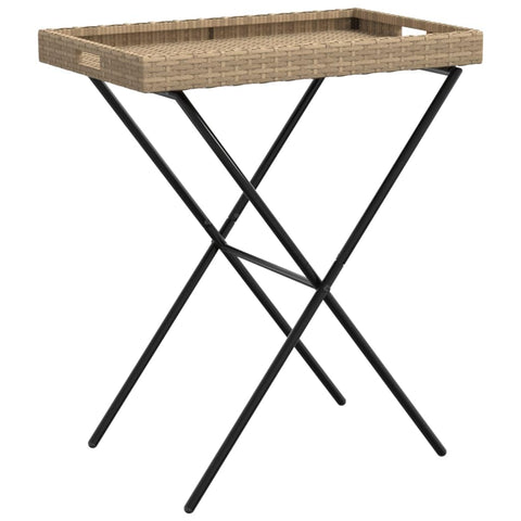 vidaXL Folding Tray Table Beige Poly Rattan, Powder-Coated Steel Medium