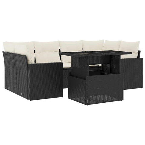vidaXL Patio Sofa Set with Cushions 7 Piece, Garden Lounge Set, Outdoor Conversation Set, Sectional Sofa for Garden, Modern Style, Black Poly Rattan