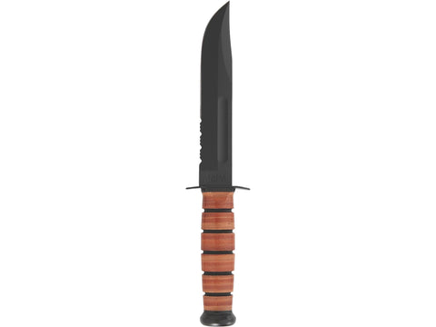 KA-BAR U.S. Army Fighting Fixed Blade Knife 7" Partially Serrated Clip Point 1095 Cro-Van Black Powder Coat Blade Stacked Leather Handle Black/Brown