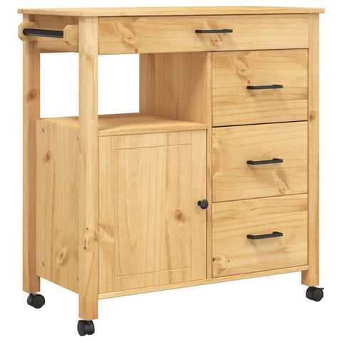 vidaXL Solid Pine Wood Kitchen Trolley â€“ Rolling Storage Cart with Drawers, Shelves, and Wheels for Living Room, Bathroom - Honey Wax Brown, 33.1â€L