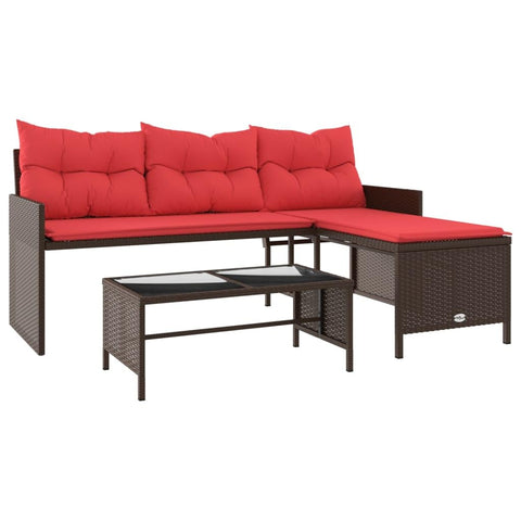 vidaXL Brown Poly Rattan L-Shaped Patio Sofa Set with Coffee Table and Red Cushions - Weather- Outdoor Lounge Furniture