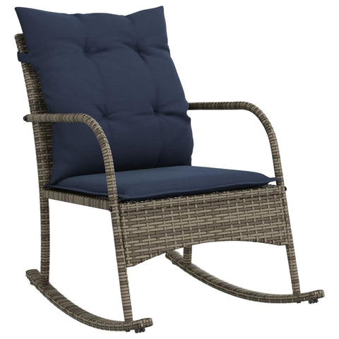 vidaXL Patio Rocking Chair with Cushions - Gray Poly Rattan, Navy Blue Cushions, Steel Frame, Garden Furniture, Weather- Outdoor Seating, 23.6"x34.3"x31.5"