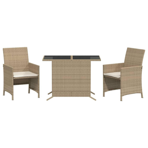 vidaXL 3-Piece Bistro Set Beige Poly Rattan with Cushions â€“ Weather- Patio Seating with Glass Tabletop for Garden/Backyard/Balcony