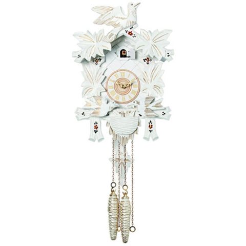 River City Clocks One Day Cuckoo Clock with Carved Maple Leaves & Moving Birds - White with Gold Accents