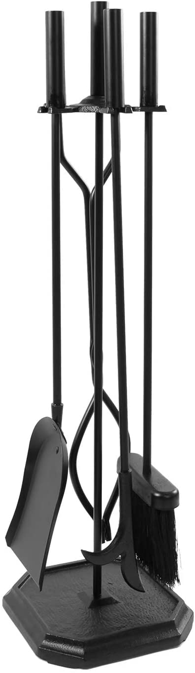 Oakestry Neoclassic 5-Piece Fireplace Tool Set, Black, Square Base