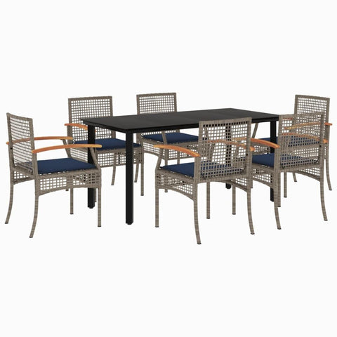 vidaXL 7-Piece Patio Dining Set with Cushions - Outdoor Furniture - Gray Poly Rattan and Navy Blue Cushions - Tempered Glass Tabletop - Garden/Backyard/Patio Dining