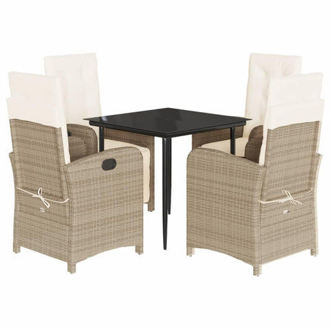 vidaXL 5 Pc Patio Dining Set Beige Poly Rattan Cushions Glass Table Outdoor Garden